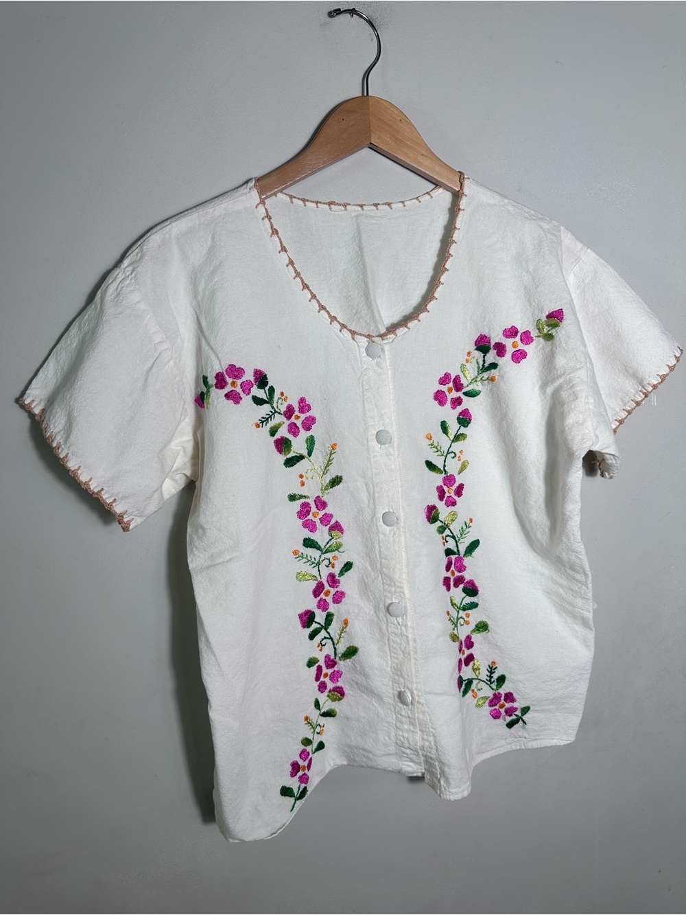 Button-Front Blouse with Pink Floral Embroidery crochet trim